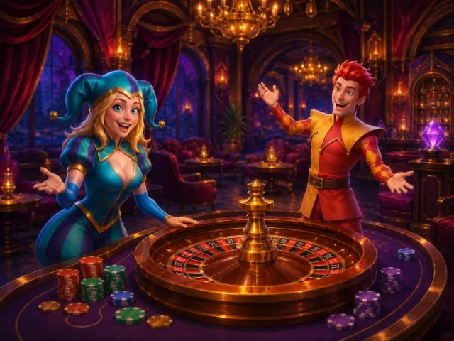 LolaJack Casino lounge with roulette wheel and neon lighting